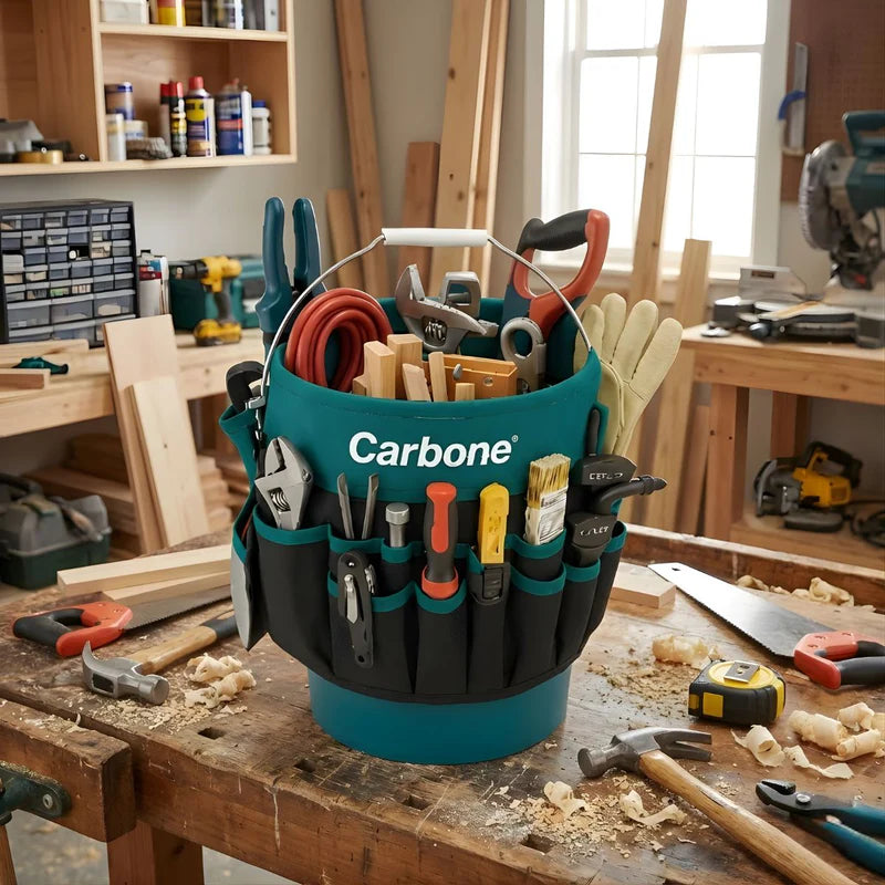 Bolso Cubeta Caja Porta Herramientas Textil Oxford. Cubo Organizador Carbone Con Múltiples Bolsillos Y Asa Metálica 30X32cm. ( No Incluye Cubeta) Solo El Textil Para Usar Con Cubeta