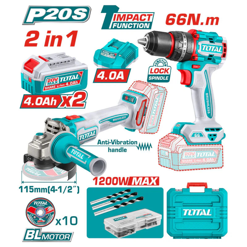 Combo Del Mes Total Esmeril Angular 20V Motor Sin Escobillas 4-1/2". Taladro Compacto Motor Sin Escobillas 20V 66Nm. Batería y Cargador.