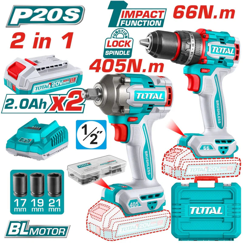 Combo Total 20V Taladro Impacto Y Llave De Impacto 20V Inalámbricas Poderosas Y Potentes Con Batería Y Cargador.