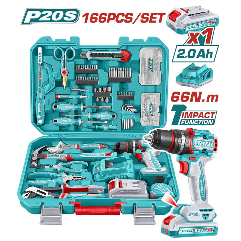 Drill Taladro Inalámbrico 20V 66Nm Con Set De 166 Herramientas Variadas. Incluye Batería y Cargador. Herramientas En Maletín