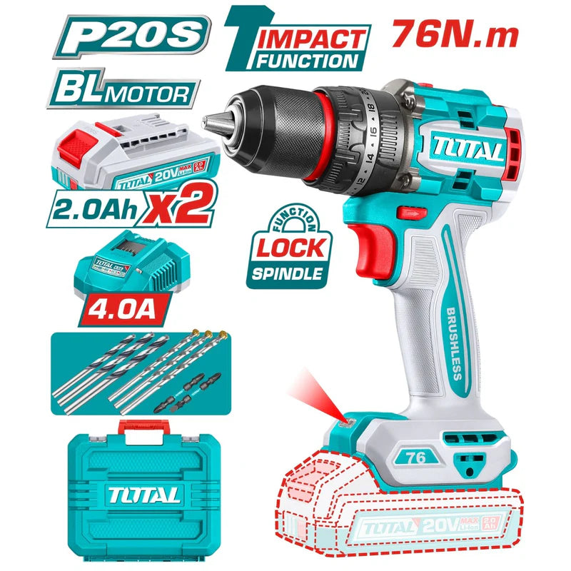 Taladro Inalámbrico 20V 1/2” 76Nm Impacto. Motor Sin Escobillas. Incluye 2 Baterías, 1 Cargador Y Accesorios