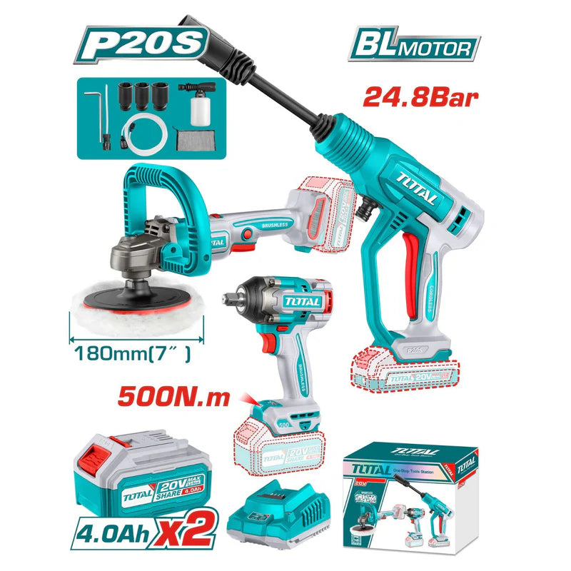 Combo Del Mes Total Pulidora Inalámbrica 20V Sin Escobillas 180 Mm (7'‘) Llave De Impacto 1/2" 500 Nm Hidrolavadora 24.8 Bar Batería Y Cargador. POCAS UNIDADES