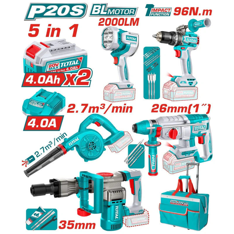 Combo Total 20V Martillo Rotativo 2.5J Martillo Demoledor 16J Sopladora 18,000 Rpm Taladro Percutor 96Nm Lampara De Trabajo 22.5W Incluyen Accesorios.