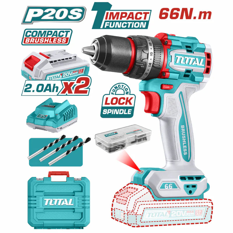 Taladro Inalámbrico 20V 1/2" 66Nm Impacto. Motor Sin Escobillas. Incluye 2 Baterías y Cargador. Super Total