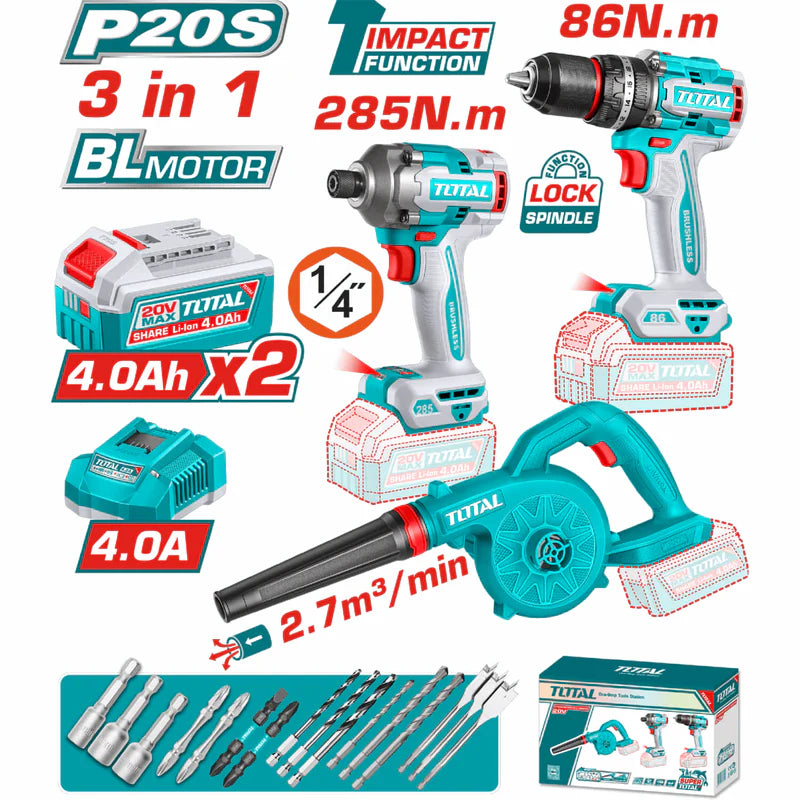 Combo Total Inalámbrico 20V: Llave De Impacto 1/4" 285N.M, Drill Taladro 86N.M Y Soplador 2.7 M³/Min. Incluye Baterias Y Cargador.