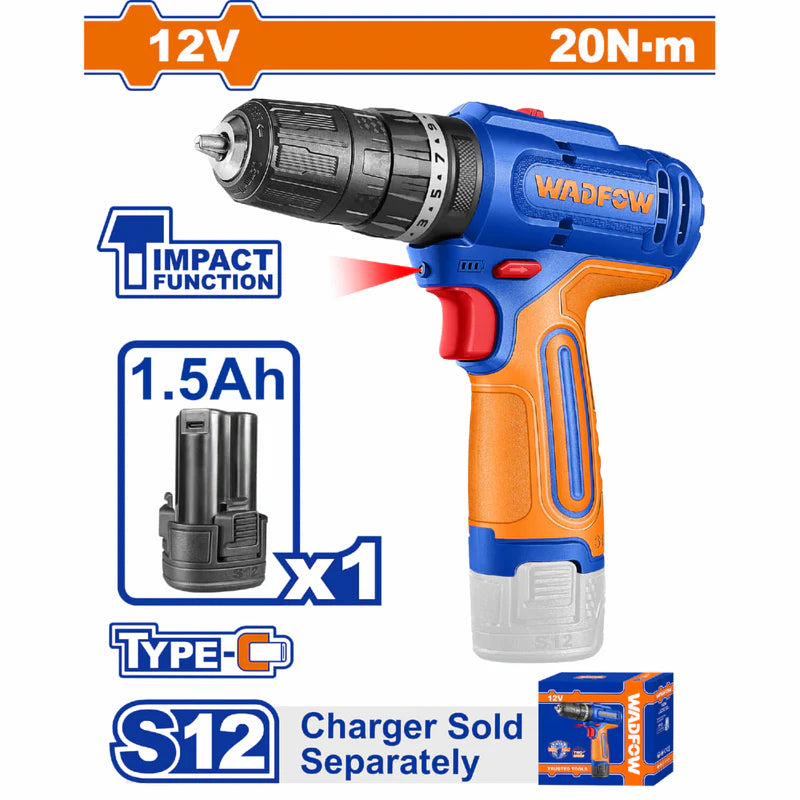 Taladro Drill Inalámbrico Función Impacto 12V 3/8" 0.8-10Mm. 0-400 / 0-1500Rpm. 20NM. Cargador Por Separado.