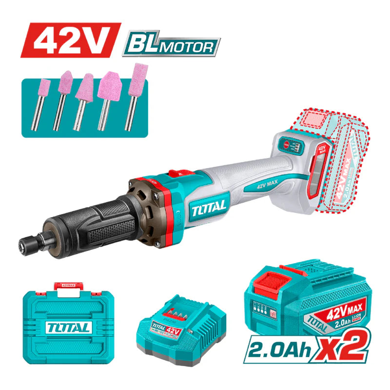 Mototool Esmeril Recto 42V Motor Sin Escobillas. Punta 6Mm (1/4”) Incluye Batería, Cargador y Accesorios.