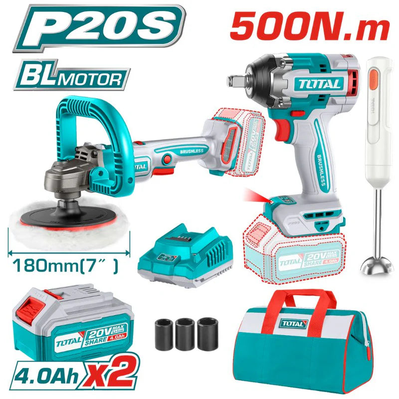 Combo Total 20V Llave De Impacto 1/2" 500 Nm. Pulidora 2300Rpm. Batidora De Mano 60W Inalámbrica. POCAS UNIDADES