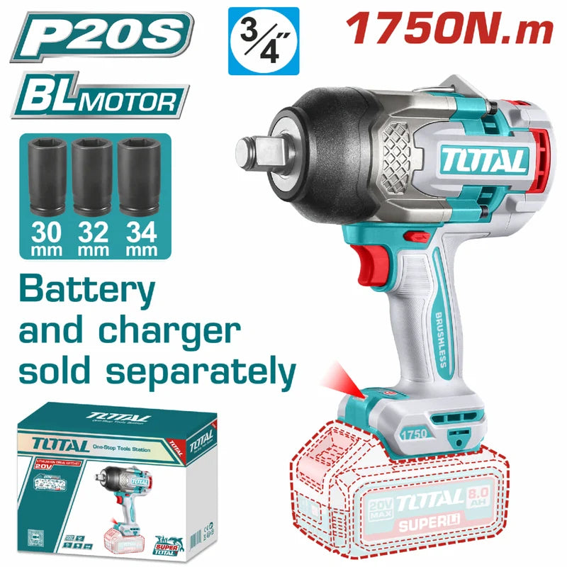 Llave De Impacto Cuadrado 20V 3/4" Motor Sin Escobillas. 1750Nm Batería y Cargador Por Separado. Super Total