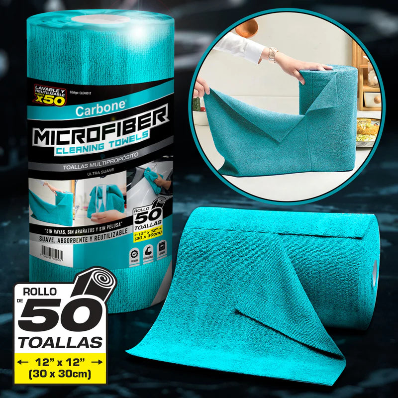 Paños De Microfibra Rollo De 50 Unidades Toallas 12”X12” (30X30cm). Trapos Super Absorbentes - Reutilizables