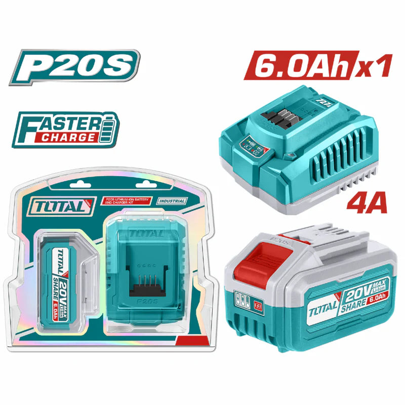 Combo Del Mes Total 20V Batería De 6.0Ah Con Indicador LED y Cargador Rápido De 4A Compatible Con Herramientas Inalámbricas