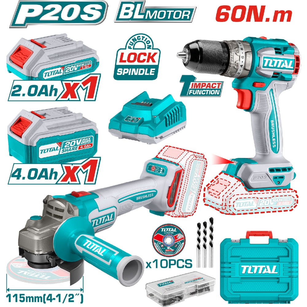 Combo Del Mes Total Esmeril Angular 20V Motor Sin Escobillas 4-1/2". Taladro Compacto Motor Sin Escobillas 20V 60Nm. Batería Y Cargador.
