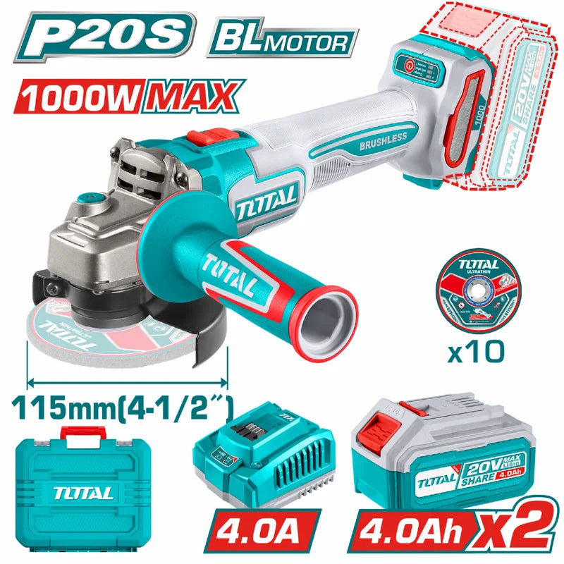 Flexible Esmeriladora Inalámbrica 4-1/2" 20V 1000W. Motor Sin Escobillas. Incluye Discos, Batería, Cargador y Estuche. Esmeril Angular