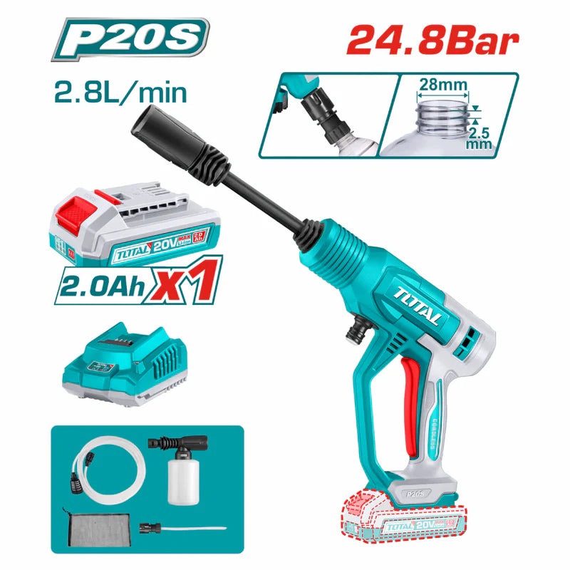 Hidrolavadora Inalámbrica 20V Portátil 24.8 Bar. Caudal 2.8L/Min. Incluye Batería y Cargador.