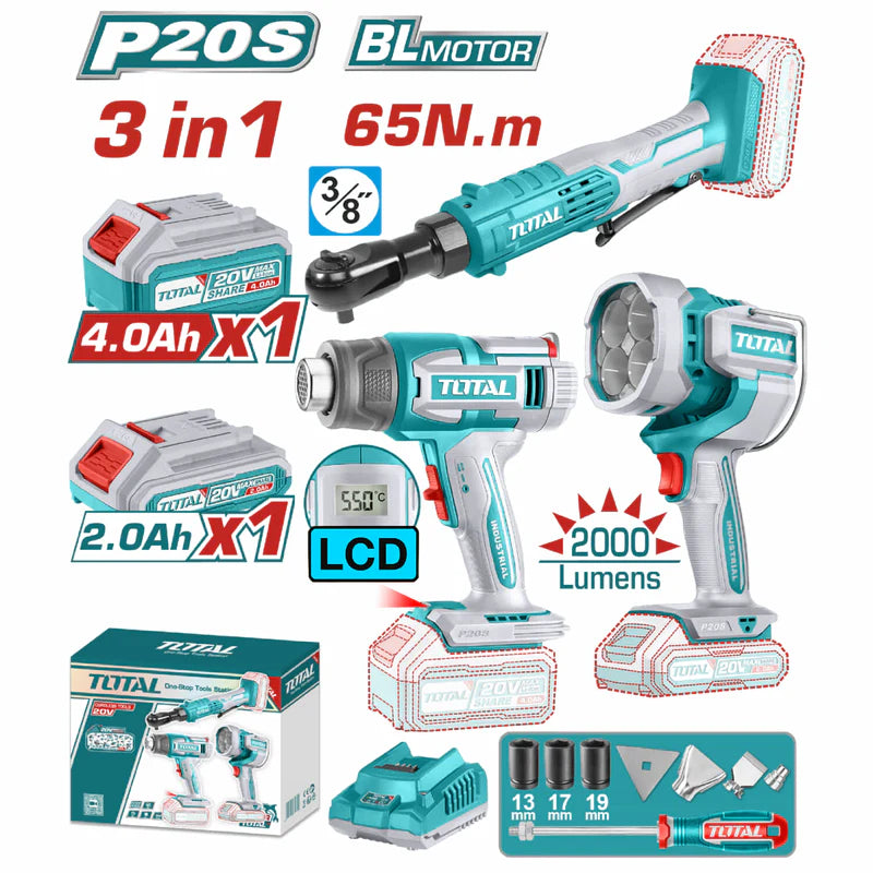 Combo Del Mes Total Inalámbrico. Rachet 3/8" 65Nm, Pistola De Calor 30-550°C Y Lampara De Trabajo 22.5W 2000 Lúmenes. Incluye Cargador Y Baterías.