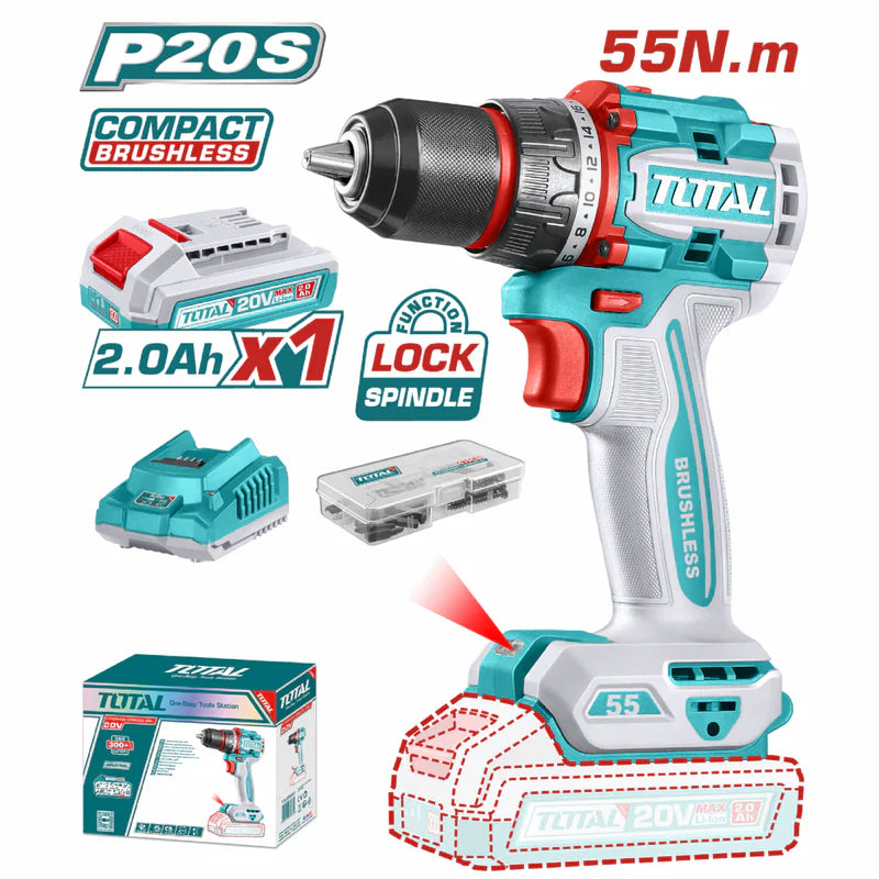 Drill Taladro Inalámbrico. Función De Bloqueo De Eje 20V 55N.M. Motor Sin Escobillas. Incluye Batería, Cargador y 47 Accesorios.