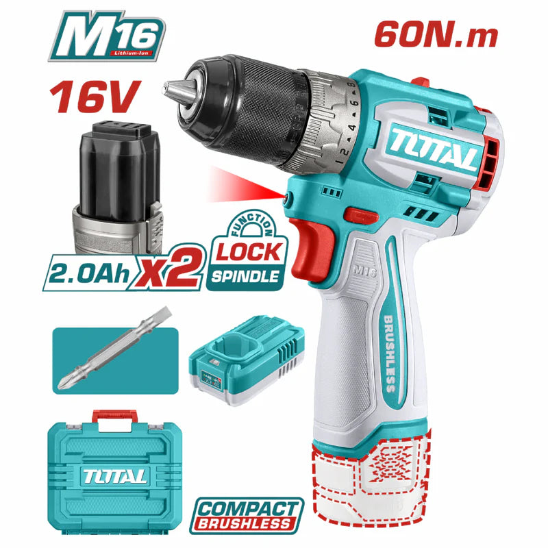 Drill Taladro Inalámbrico 16V 60N.M. 1/2" 2000 Rpm Motor Sin Escobillas. Luz LED Incluye Batería Y Cargador