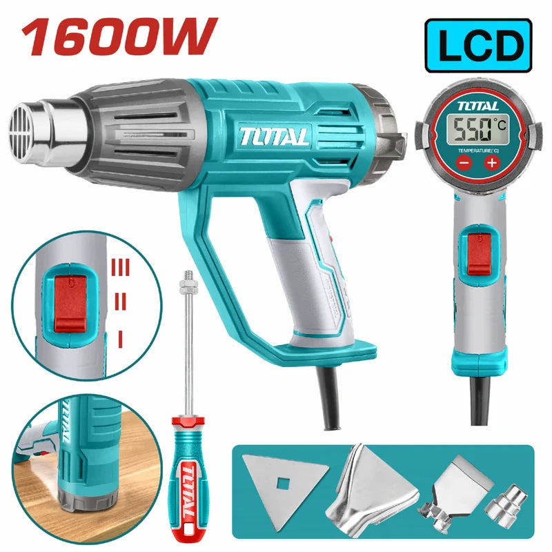 Pistola De Calor 1600W 50-600°C Pantalla LCD Incluye Accesorios. Blower Aire Caliente. Super Total