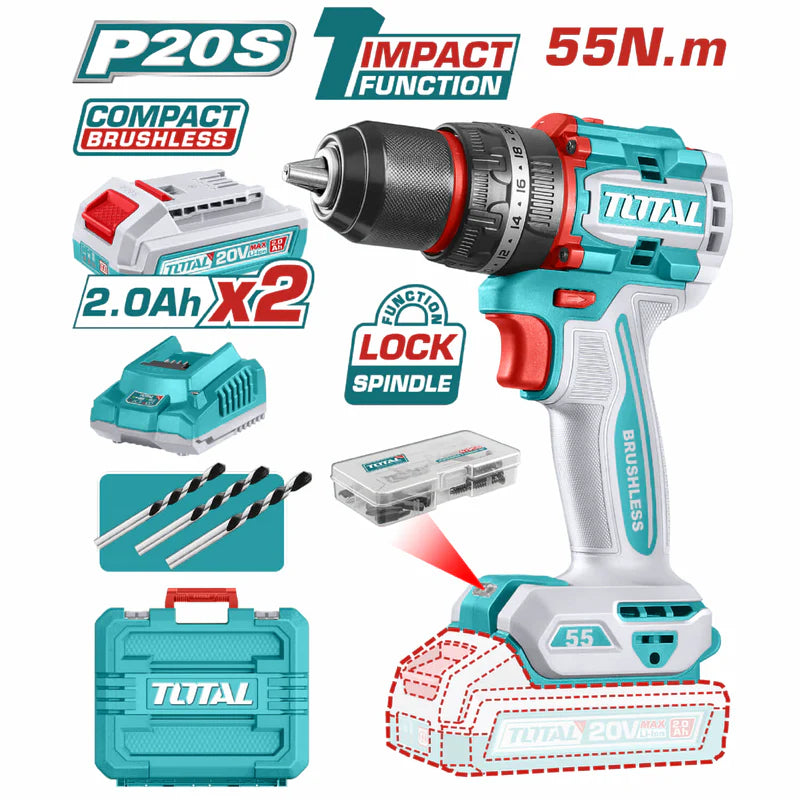 Drill Taladro Inalámbrico De 1/2" 20V Función De Impacto. Motor Sin Escobillas. 55Nm. Incluye Baterías y Cargador.