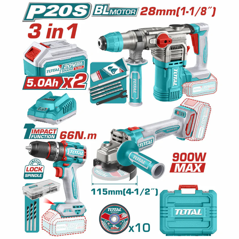 Combo Del Mes Total 20V Taladro De Impacto 66Nm 30000 Bpm. Flexible Inalámbrica 4-1/2'' 5/8''-11UNC Rotomartillo 4400 Bpm 4.5 J Incluye: Batería, Cargador Y Accesorios.