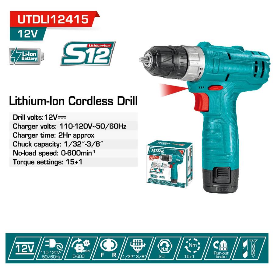 Taladro atornillador inalámbrico de 12V 3/8"