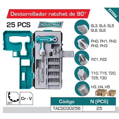 Destornillador ratchet de 90°. Contiene 25 Pcs con puntas intercambiables. CR-V