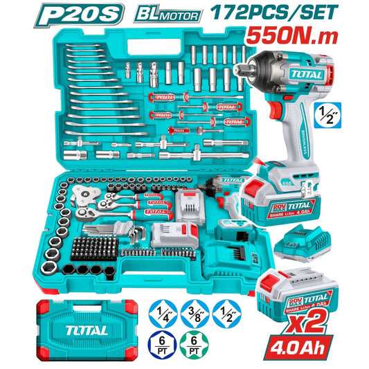 Combo Del Mes Total 20V Llave De Impacto Dado Cuadrado 1/2" 550Nm. Set De Herramientas 172 Piezas. Batería 4.0Ah Y Cargador