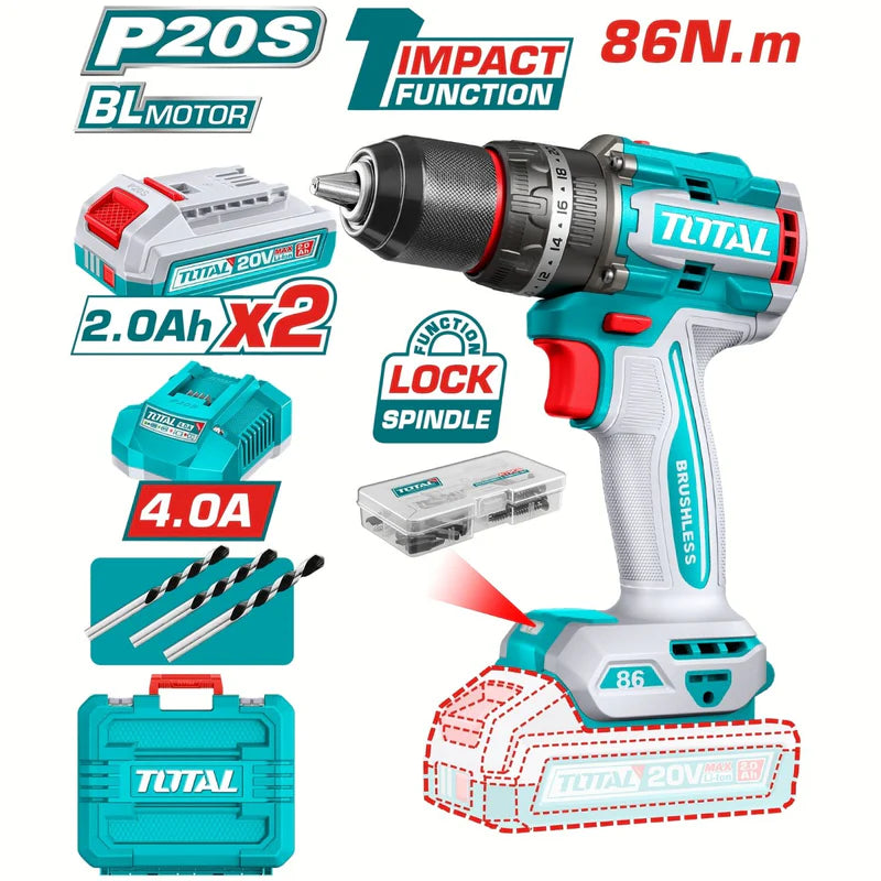 Taladro Inalámbrico 20V 1/2" 86Nm Impacto. Motor Sin Escobillas. Incluye 2 Baterías y Cargador Y Accesorios.