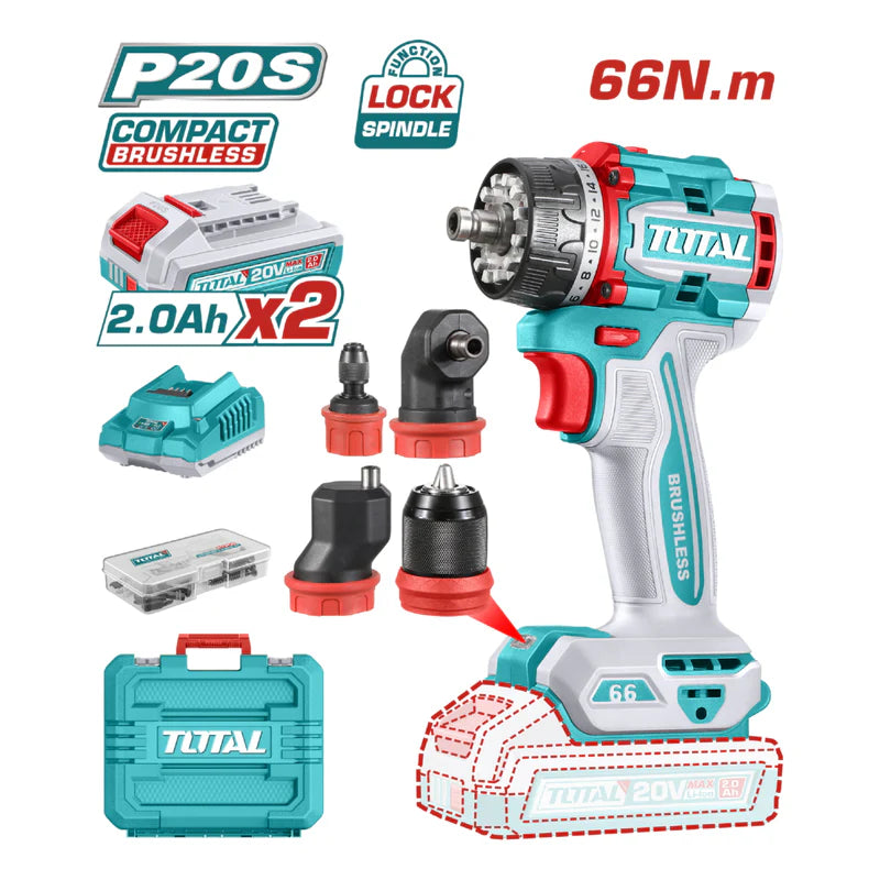 Taladro Inalámbrico 20V 1/2" 66Nm Función Bloqueo Luz LED. Motor Sin Escobillas. Incluye 2 Baterías y Cargador, Cabezales Y Accesorios. Super Total