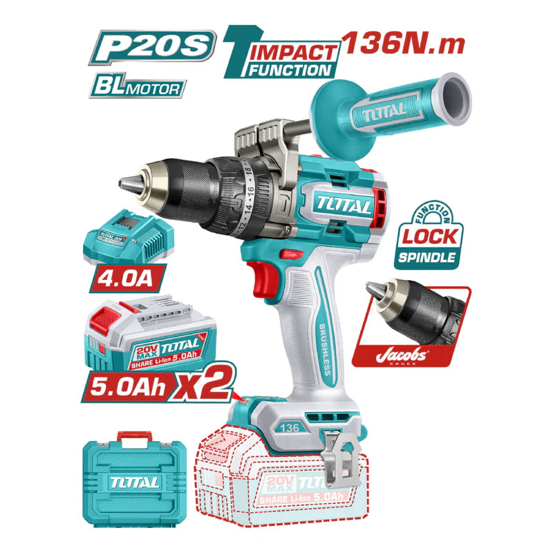 Drill Taladro Inalámbrico 136Nm 20V Función De Impacto. Motor Sin Escobillas. Incluye Batería, Cargador y Accesorios