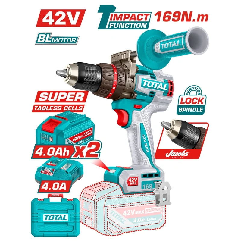 Drill Taladro Inalámbrico 169Nm 42V Función De Impacto. Motor Sin Escobillas. Incluye Batería, Cargador y Accesorio