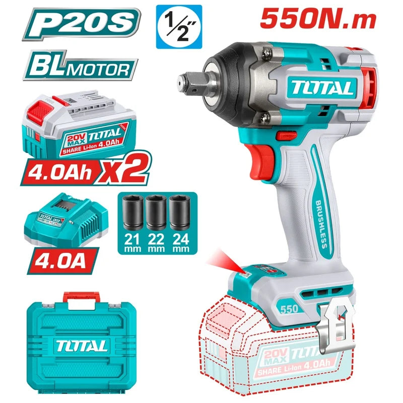 Llave Impacto Dado Cuadrado 20V 3/4" Motor Sin Escobillas. 1050 Nm Incluye 2 Baterías y Cargador. Super Total