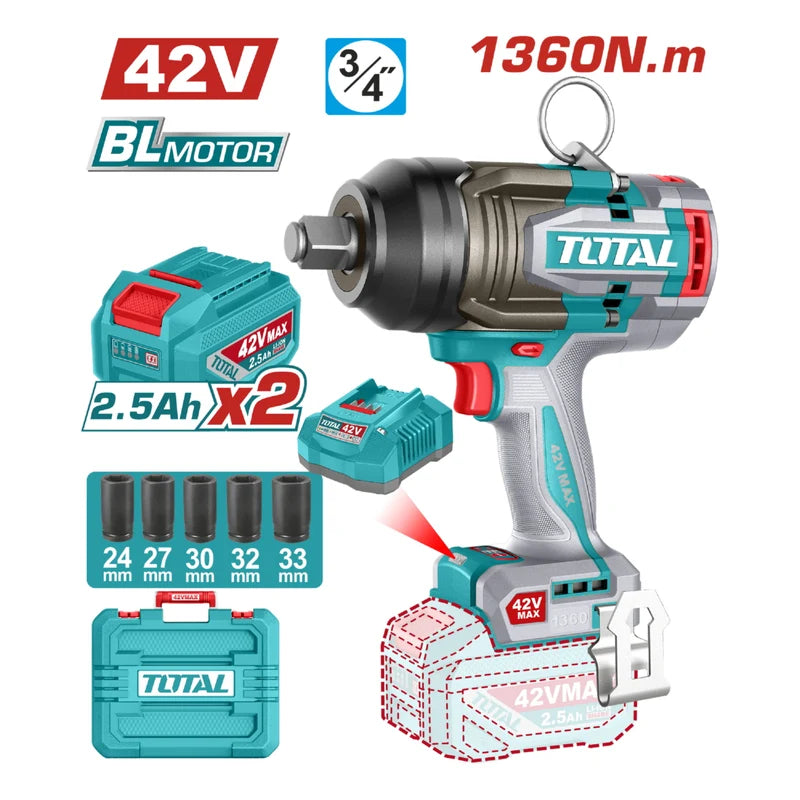 Llave Impacto Dado Cuadrado 42V 3/4" Motor Sin Escobillas. 1360Nm Incluye 2 Baterías Y Cargador. Super Total