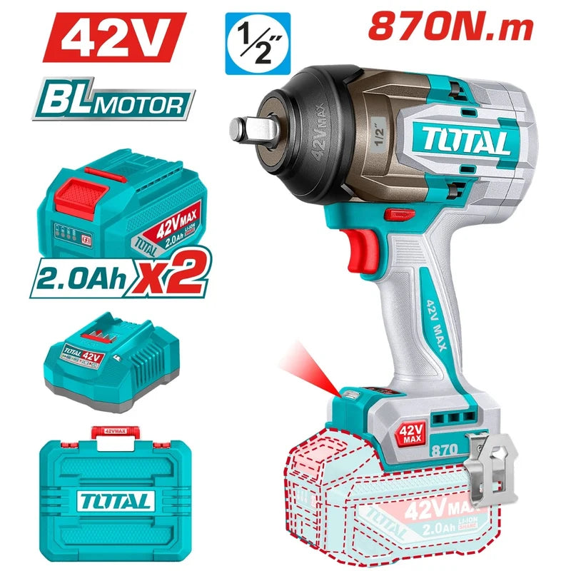 Llave Impacto Dado Cuadrado 42V 1/2" Motor Sin Escobillas. 870Nm Incluye 2 Baterías y 1 Cargador. Super Total