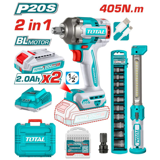 Combo Total Llave De Impacto Inalámbrica 20V 1/2" 405Nm 2400Rpm Motor Sin Escobillas Con Lámpara De Trabajo 3.5W Y Accesorios.