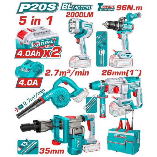 Combo Total 20V Martillo Rotativo 2.5J Martillo Demoledor 16J Sopladora 18,000 Rpm Taladro Percutor 96Nm Lampara De Trabajo 22.5W Incluyen Accesorios.