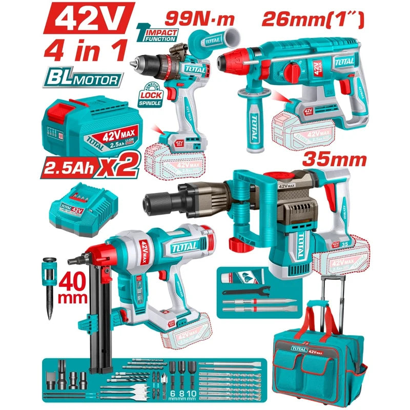 Combo Total 42V Taladro De Impacto 99 Nm Rotomartillo Inalámbrico 2.5 J Demoledora 0-3300 Bpm Clavadora 19 - 40 Mm Incluye Batería y Accesorios