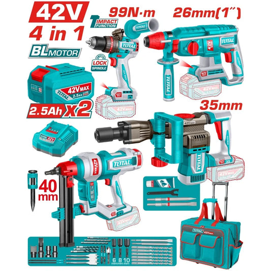 Combo Total 42V Taladro De Impacto 99 Nm Rotomartillo Inalámbrico 2.5 J Demoledora 0-3300 Bpm Clavadora 19 - 40 Mm Incluye Batería y Accesorios