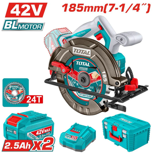 Sierra Circular 42V Disco 7-1/4'' (185Mm) Motor Sin Escobillas. 4800Rpm Corte 45°-45 Mm Y 90°- 65 Mm. Incluye 2 Baterías,1 Cargador Y Accesorios.