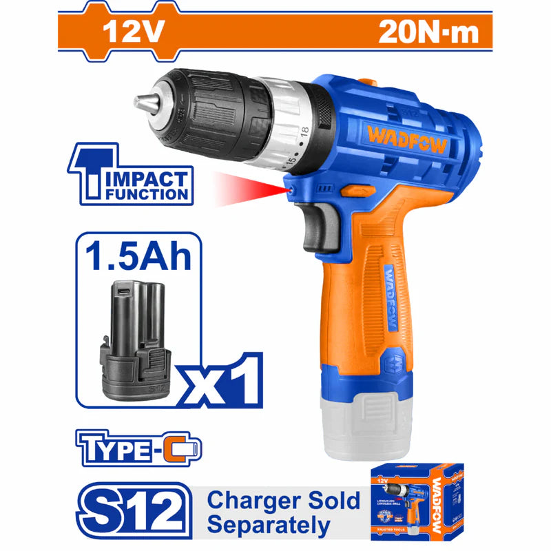 Taladro Drill Inalámbrico Función Impacto 12V. 3/8" 0.8-10Mm. 0-400 / 0-1500Rpm. 20NM. Cargador Por Separado.