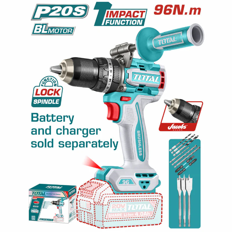 Drill Taladro Percutor 96N.M 1/2" 20V Mandril Metálico Jacobs Función De Impacto. Motor Sin Escobillas. No Incluye Batería Ni Cargador.