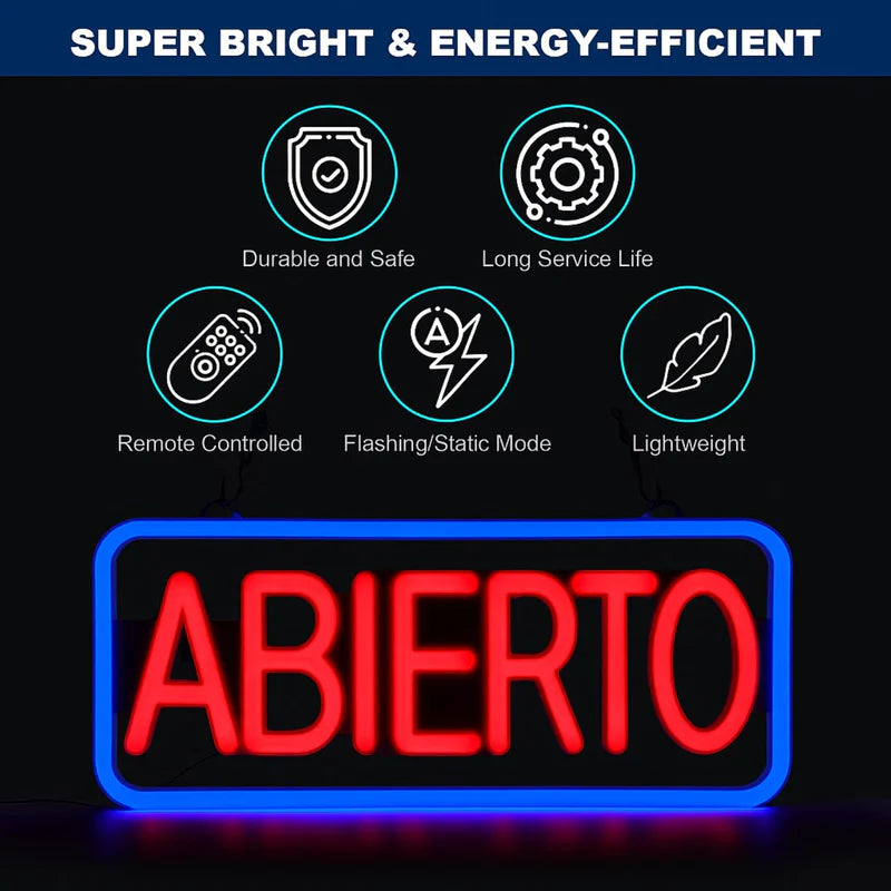 Letrero LED NEON ABIERTO, 50X25cm, Marco Azul Y Texto Rojo, 110V Con Cadena Para Colgar. Moderno Y Llamativo. Rotulo Neón Abierto