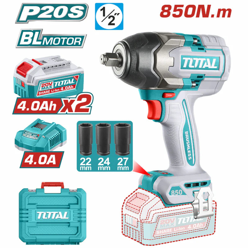 Llave Impacto Dado Cuadrado 20V 1/2" Motor Sin Escobillas. 850Nm Incluye 2 Baterías y Cargador. Super Total