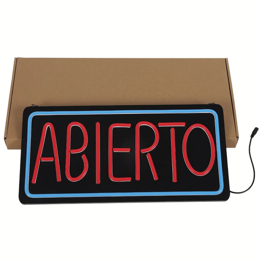 Letrero LED NEON ABIERTO, 50X25cm, Marco Azul Y Texto Rojo, 110V Con Cadena Para Colgar. Moderno Y Llamativo. Rotulo Neón Abierto