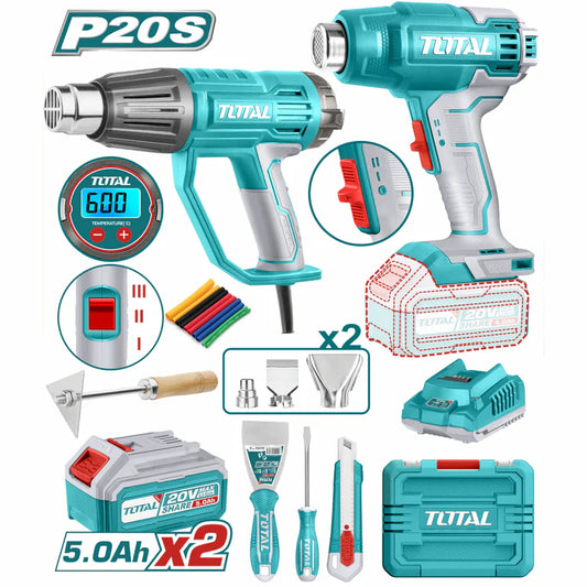Combo Total Pistola De Calor Inalámbrica 20V, Pistola De Calor 1600W Con Accesorios. Incluye 2 Baterías 5.0Ah Y Cargador.