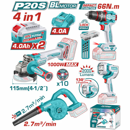 Combo Total 20V Amoladora Angular 1000 W , Taladro Percutor De Impacto 66 Nm, Motor Sin Escobillas, Soplador 18,000 Rpm Y Lámpara De Trabajo 22,5 W Incluye Batería Y Cargador.