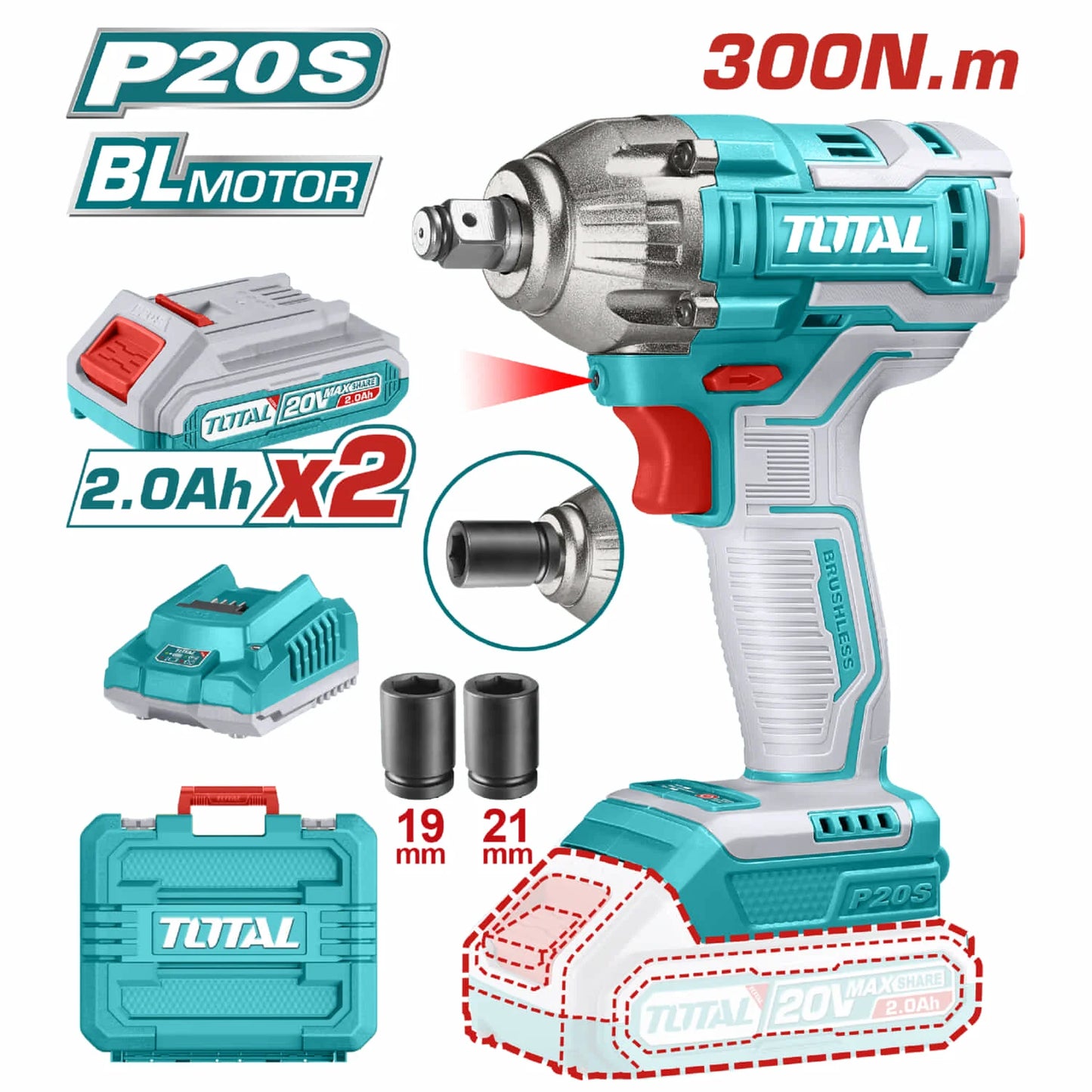 Llave Impacto Dado Cuadrado 1/2" 20V. Brushless Sin Escobillas. 300Nm. 2 Baterías y 1 Cargador.