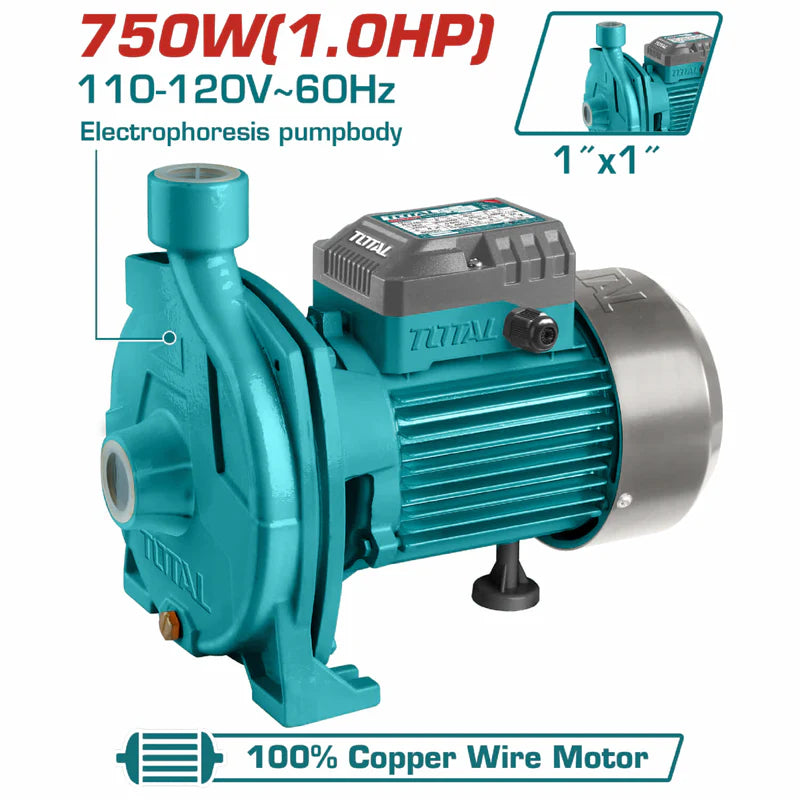 Bomba Centrifuga 1HP Max Head: 30M 120L/Min. Succión 8M Para Tubo 1". Propela Inox.110-120V~60Hz.