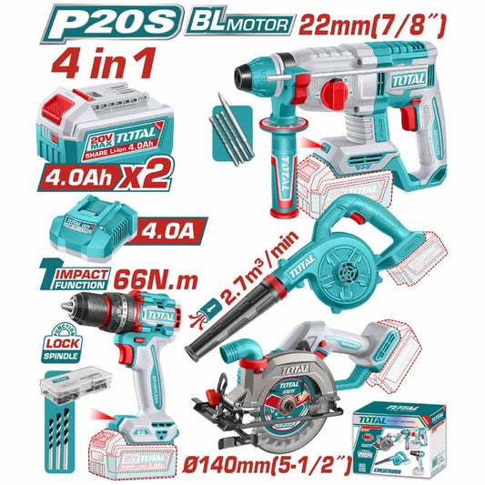 Combo Total Inalámbrico 20V: Drill Taladro 66N.M, Taladro Rotomartillo 22Mm (7/8"), Sierra Circular 6300Rpm, Soplador 2.7 M³/Min.