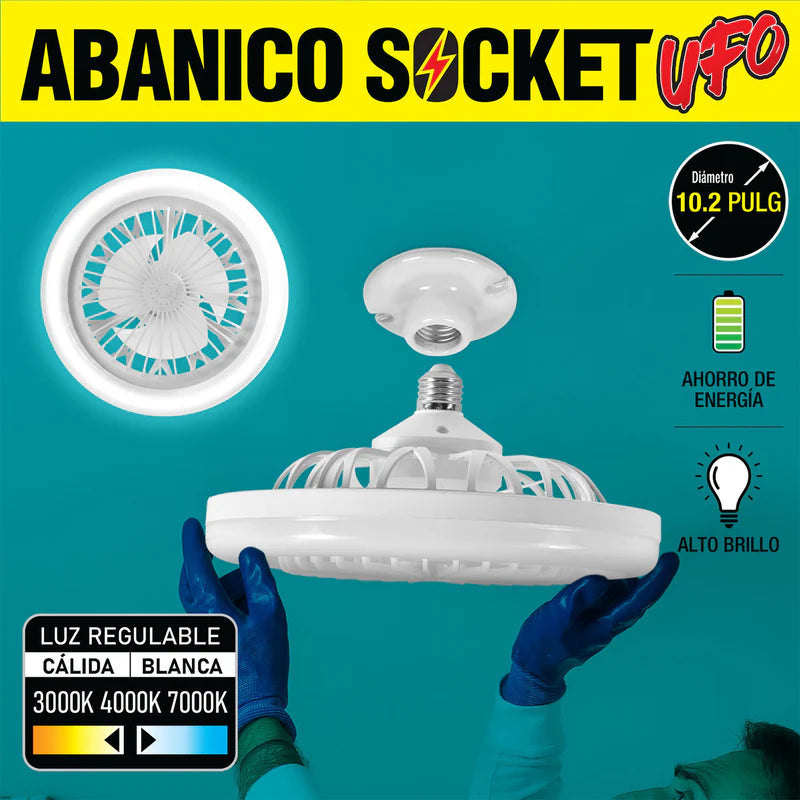 Abanico Socket De Techo Ventilador UFO LED 10" Base E27 30W, Luz Regulable Cálido y Blanco, CCT. 260X120mm Dimeable